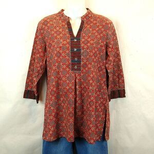 Maz women's long sleeve v-neck multi-colored printed boho beaded tunic top.